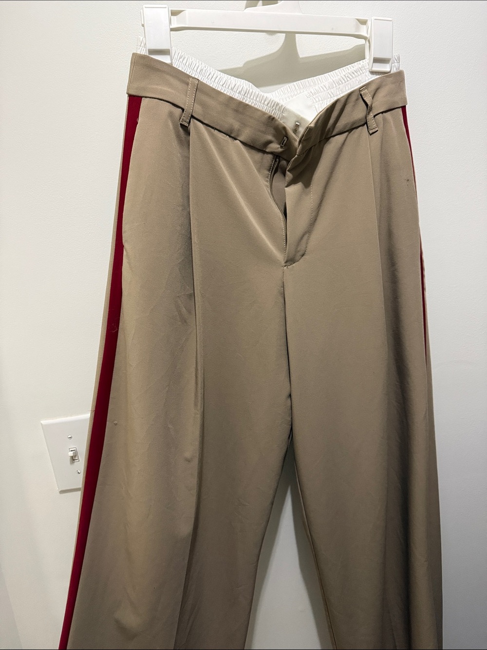 ZARA Wide-Leg Womens Khaki Pants with Red Side Stripe
